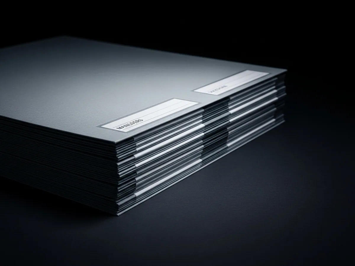 A stack of labeled manila folders on a matte black surface