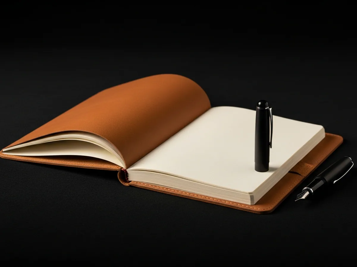 An open leather planner with a matte black fountain pen